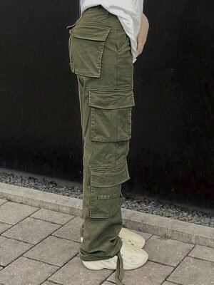 Fashion Streetwear Full Length Solid Multi Pocket Cargo Pants - Image 3