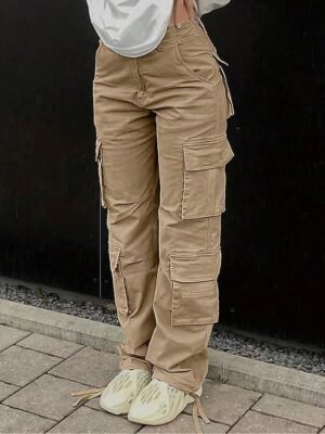 Fashion Streetwear Full Length Solid Multi Pocket Cargo Pants - Image 8