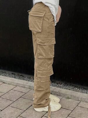 Fashion Streetwear Full Length Solid Multi Pocket Cargo Pants - Image 9