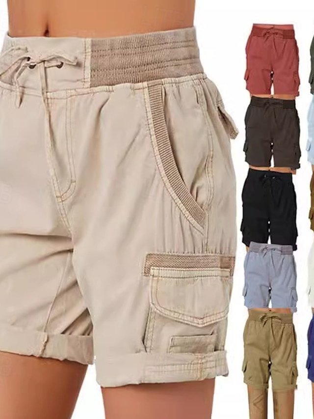 Fashion Streetwear High Waist Plain Elastic Waistband Cargo Shorts - Image 1