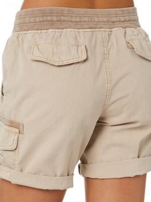 Fashion Streetwear High Waist Plain Elastic Waistband Cargo Shorts - Image 3