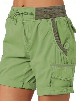 Fashion Streetwear High Waist Plain Elastic Waistband Cargo Shorts - Image 4