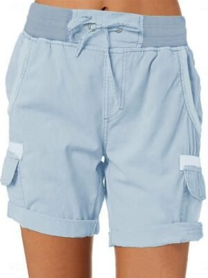 Fashion Streetwear High Waist Plain Elastic Waistband Cargo Shorts - Image 5