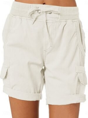 Fashion Streetwear High Waist Plain Elastic Waistband Cargo Shorts - Image 7