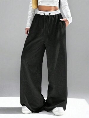 Fashion Streetwear Wide Leg High Waist Plain Full Length Sweatpants - Image 1