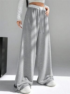 Fashion Streetwear Wide Leg High Waist Plain Full Length Sweatpants - Image 12