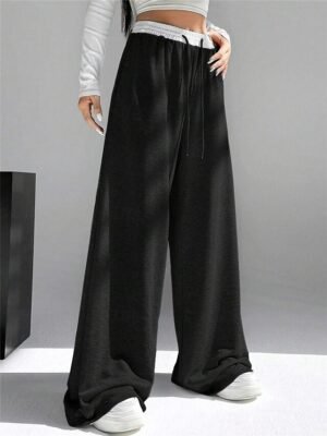 Fashion Streetwear Wide Leg High Waist Plain Full Length Sweatpants - Image 3