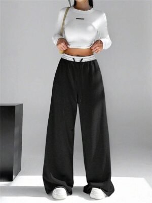 Fashion Streetwear Wide Leg High Waist Plain Full Length Sweatpants - Image 4