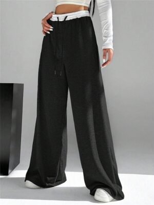 Fashion Streetwear Wide Leg High Waist Plain Full Length Sweatpants - Image 5