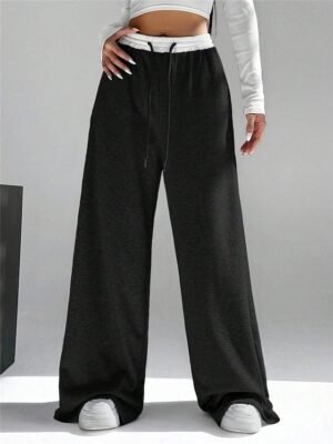 Fashion Streetwear Wide Leg High Waist Plain Full Length Sweatpants - Image 6