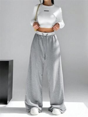 Fashion Streetwear Wide Leg High Waist Plain Full Length Sweatpants - Image 7