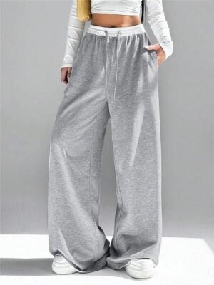 Fashion Streetwear Wide Leg High Waist Plain Full Length Sweatpants - Image 9
