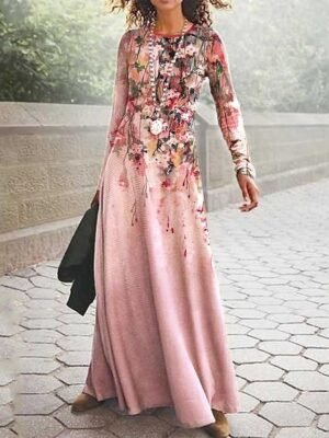 Fashion Swing Floral Crew Neck Long Sleeve Maxi Dress - Image 1