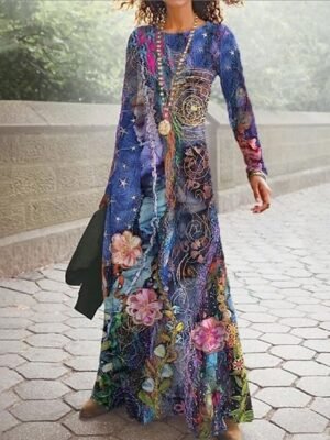 Fashion Swing Floral Crew Neck Long Sleeve Maxi Dress - Image 3