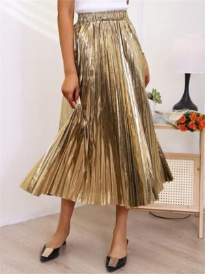 Fashion Swing Pleated Metallic Long Skirt - Image 1