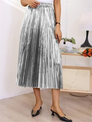 Fashion Swing Pleated Metallic Long Skirt - Image 6