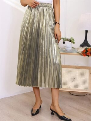Fashion Swing Pleated Metallic Long Skirt - Image 9
