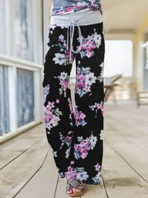 Fashion Wide Leg Floral Elastic Waist Full Length Chinos - Image 1