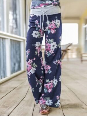 Fashion Wide Leg Floral Elastic Waist Full Length Chinos - Image 2