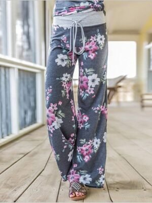 Fashion Wide Leg Floral Elastic Waist Full Length Chinos - Image 3