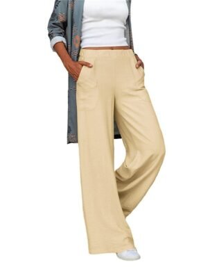 Fashion Wide Leg Plain Elastic Waist Full Length Trousers - Image 10