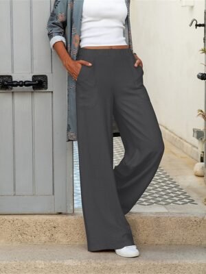 Fashion Wide Leg Plain Elastic Waist Full Length Trousers - Image 11