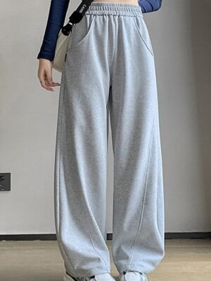 Fashion Wide Leg Plain Elastic Waist Full Length Sweatpants - Image 11