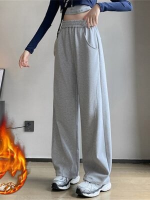 Fashion Wide Leg Plain Elastic Waist Full Length Sweatpants - Image 12