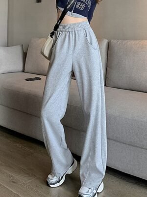 Fashion Wide Leg Plain Elastic Waist Full Length Sweatpants - Image 13