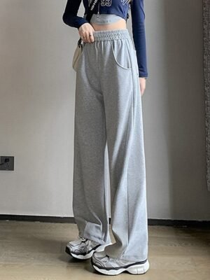 Fashion Wide Leg Plain Elastic Waist Full Length Sweatpants - Image 14