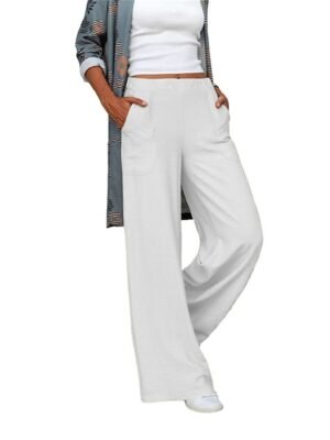 Fashion Wide Leg Plain Elastic Waist Full Length Trousers - Image 2