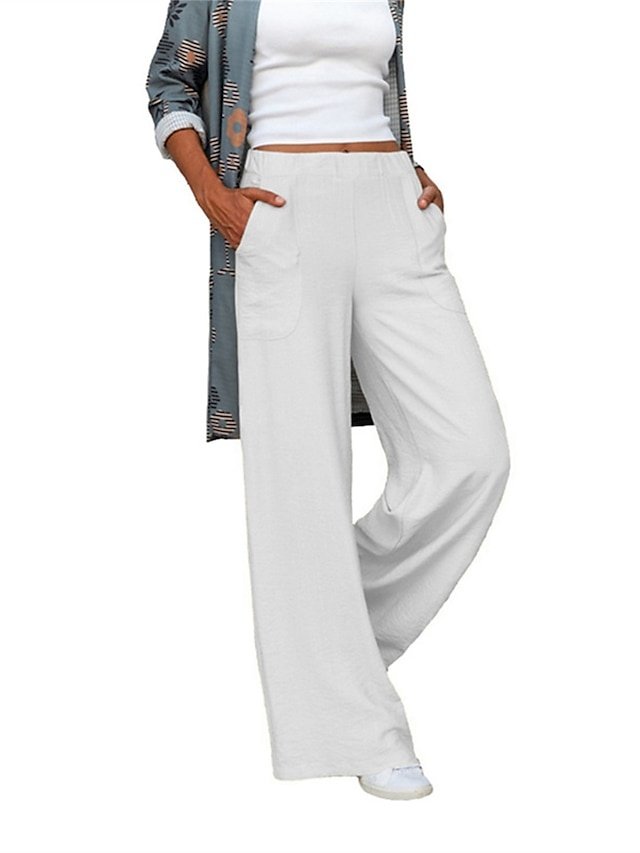 Fashion Wide Leg Plain Elastic Waist Full Length Trousers - Image 2