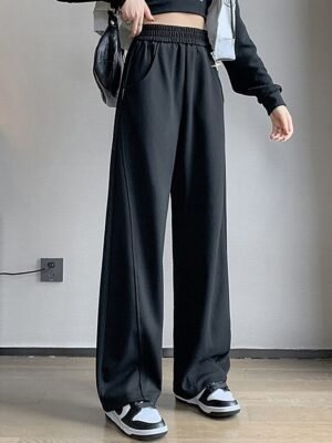 Fashion Wide Leg Plain Elastic Waist Full Length Sweatpants - Image 3