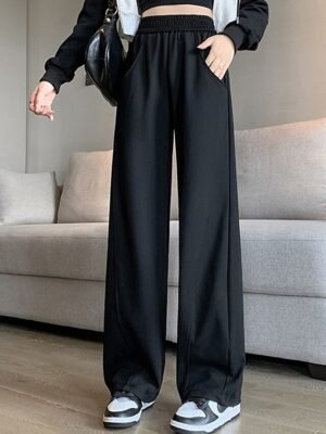 Fashion Wide Leg Plain Elastic Waist Full Length Sweatpants - Image 4