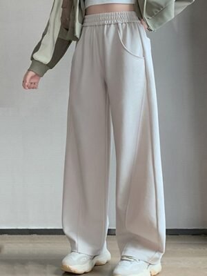 Fashion Wide Leg Plain Elastic Waist Full Length Sweatpants - Image 5