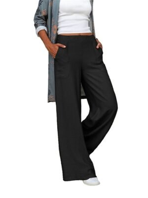Fashion Wide Leg Plain Elastic Waist Full Length Trousers - Image 6