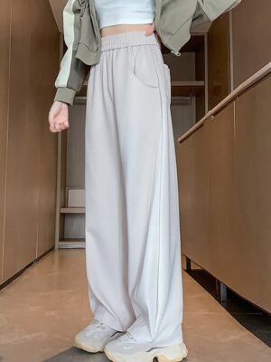 Fashion Wide Leg Plain Elastic Waist Full Length Sweatpants - Image 8
