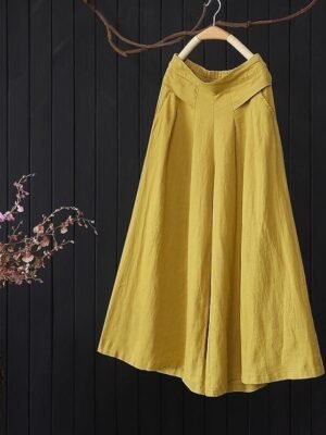 Fashion Wide Leg Plain Full Length Linen Trousers - Image 1
