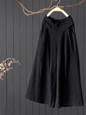 Fashion Wide Leg Plain Full Length Linen Trousers - Image 3