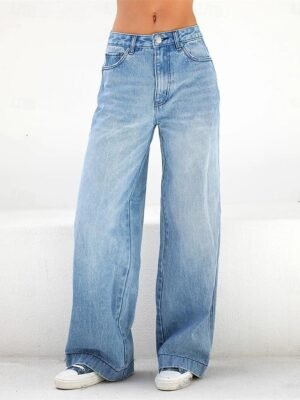 Fashion Wide Leg Plain High Waist Full Length Jeans - Image 1