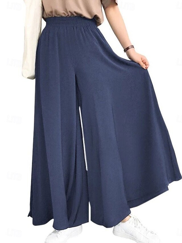 Fashion Wide Leg Plain High Waist Full Length Chinos - Image 1