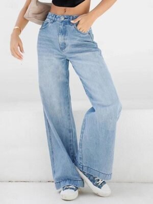 Fashion Wide Leg Plain High Waist Full Length Jeans - Image 3