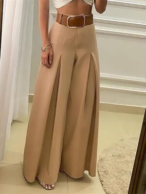 Fashion Wide Leg Pleated High Waist Full Length Trousers - Image 1