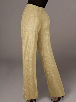 Fashion Wide Leg Solid High Waist Full Length Sequin Trousers - Image 2