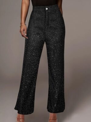 Fashion Wide Leg Solid High Waist Full Length Sequin Trousers - Image 3