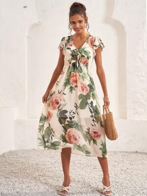 Feminine A-Line Rose Pattern V-Neck Flutter Sleeve Midi Dress - Image 10