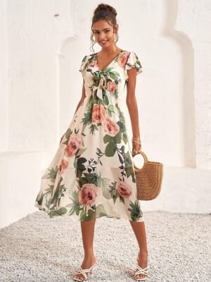 Feminine A-Line Rose Pattern V-Neck Flutter Sleeve Midi Dress - Image 12