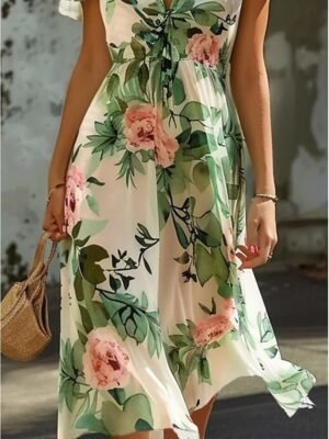 Feminine A-Line Rose Pattern V-Neck Flutter Sleeve Midi Dress - Image 3
