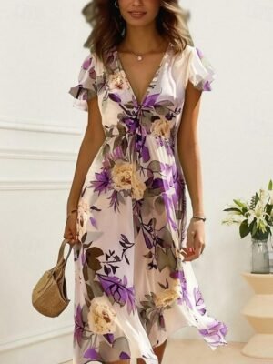 Feminine A-Line Rose Pattern V-Neck Flutter Sleeve Midi Dress - Image 5