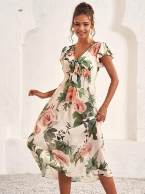 Feminine A-Line Rose Pattern V-Neck Flutter Sleeve Midi Dress - Image 6